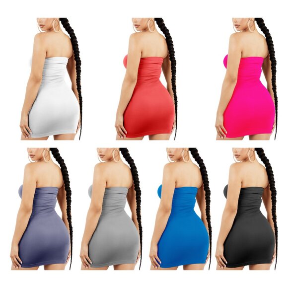 Women's Strapless Stretchy Comfy Tight Fit Seamless Body Con Mini Tube Top Dress - Picture 4 of 16